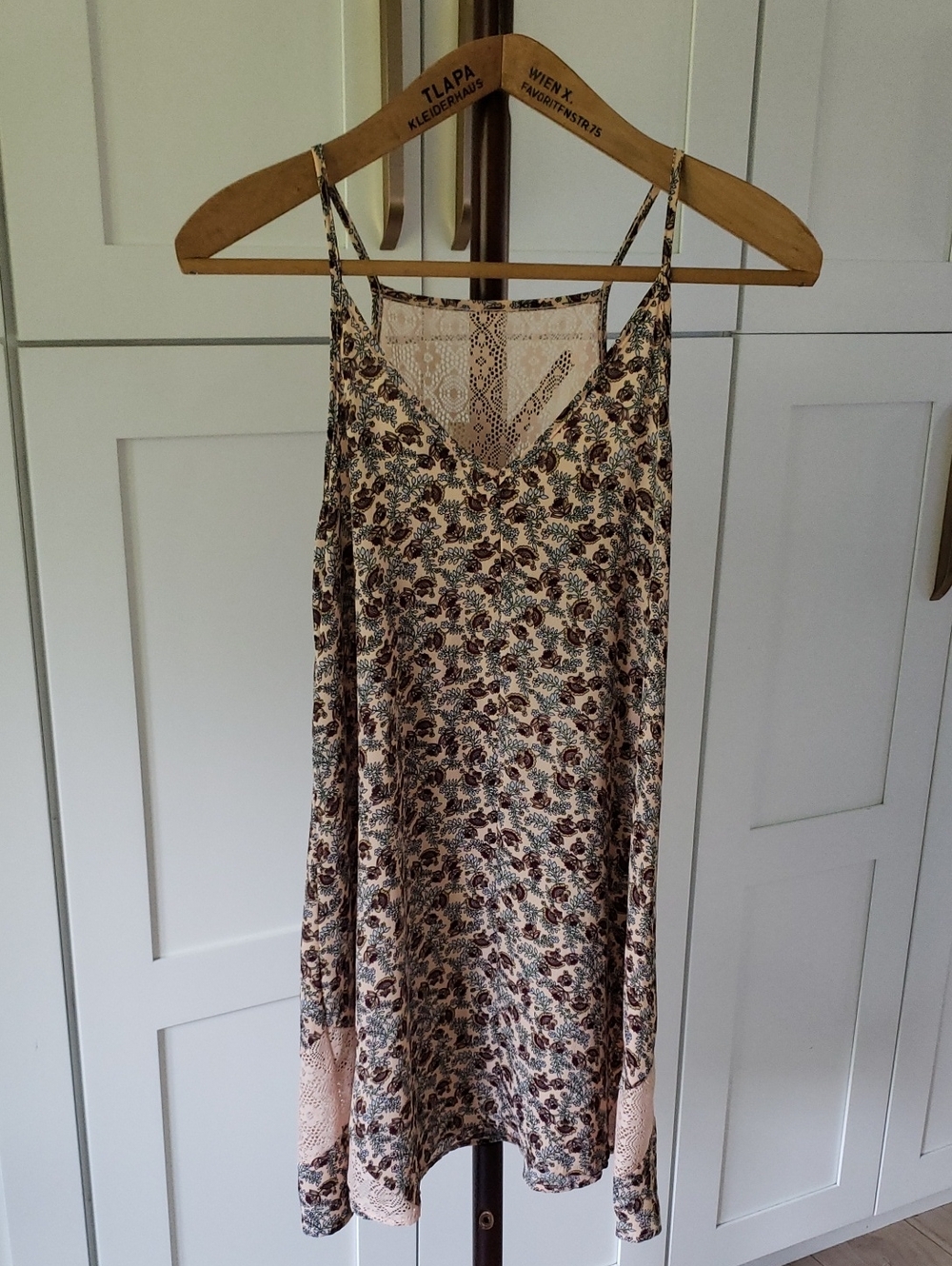 Floral Lace-Trim Slip Dress in Cream with Brown & Sage Print
